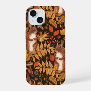 Coque iPhone 15 Écureuils automnaux et flore sur fond brun foncé