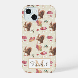 Coque iPhone 15 Écureuils & Champignons Automne Motif Personnalisé