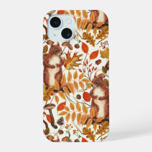 Coque iPhone 15 Écureuils d'automne et flore automnale sur fond bl