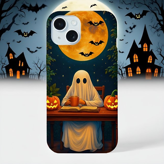 Coque iPhone 15 Éffrayant Ghost Lecture sous Pleine lune Coque (Créateur téléchargé)