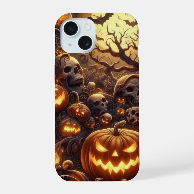 Coque iPhone 15 Éffrayant Halloween Arbre chauves-souris crânes fa (Verso)