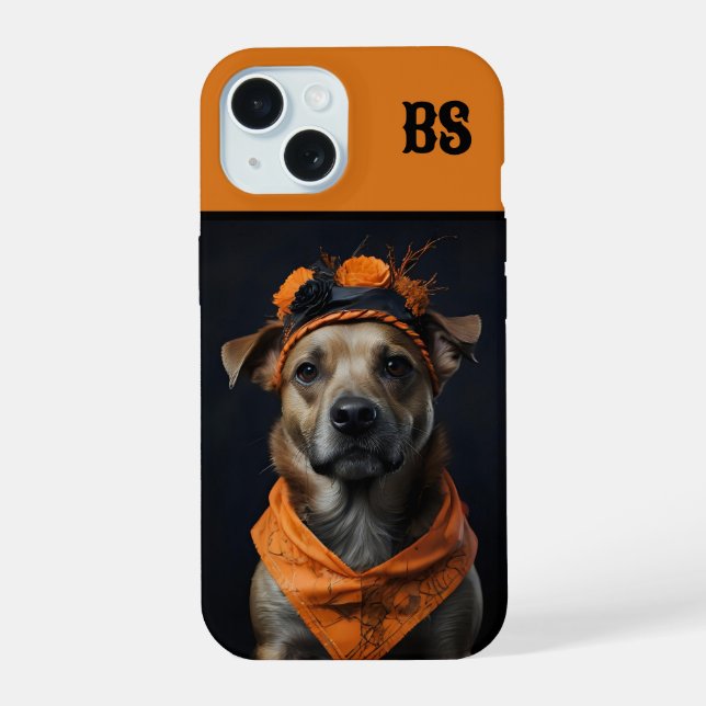 Coque iPhone 15 Éffrayant mignon chien d'Halloween caché (Verso)