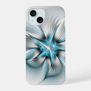 Coque iPhone 15 Élégance florale Art fractal abstrait moderne bleu