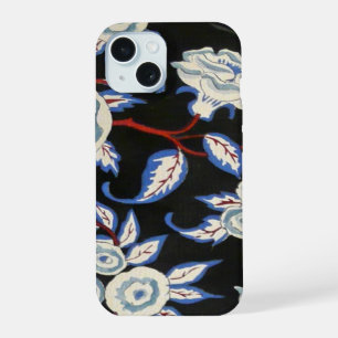 COQUE iPhone 15 ÉLÉGANT ART DÉCO FLORAL, ROSES BLEUES BLANCHES SUR
