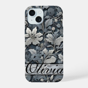 Coque iPhone 15 Elégant bleu poussiéreux argent blanc gris gris fl