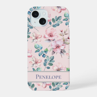 Coque iPhone 15 Élégant Boîtier de téléphone à motif floral rose