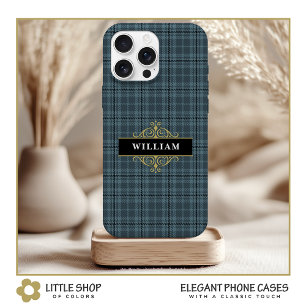 Coque iPhone 15 Élégant carreau gris monogramme or