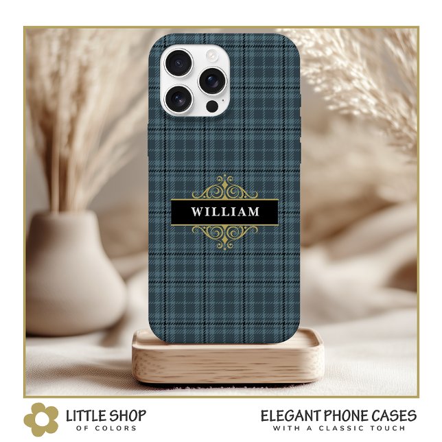 Coque iPhone 15 Élégant Carreaux Gris Monogramme Or (Créateur téléchargé)