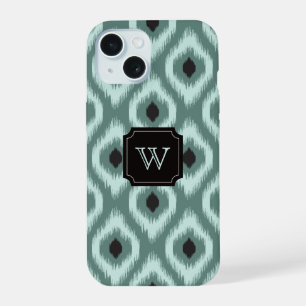 Coque iPhone 15 Élégant Chic Black Mint Diamond Ikat Monogramme