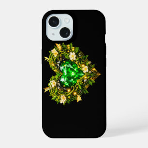 Coque iPhone 15 Élégant Étui Fleur de Cœur Vert Émeraude pour iPho