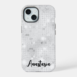 Coque iPhone 15 Élégant Glam blanc brillant argenté