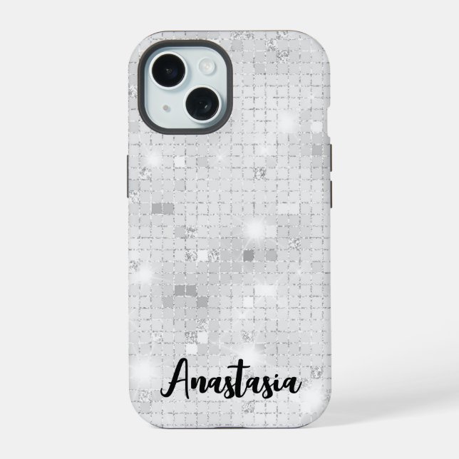 Coque iPhone 15 Élégant Glam blanc brillant argenté (Verso)