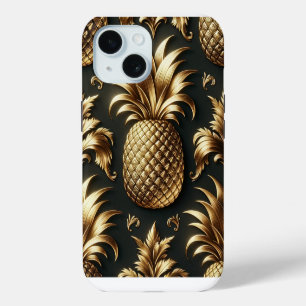 Coque iPhone 15 Élégant Glamour Noir et Or Tropical Pineapple