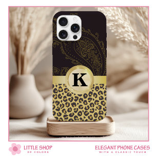 Coque iPhone 15 Élégant Imprimé Léopard Noir Or Monogramme