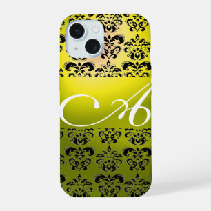 COQUE iPhone 15 ÉLÉGANT JAUNE NOIR DAMAS MONOGRAMME