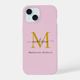 Coque iPhone 15 Élégant Monogramme d'or noir Original Funny Script