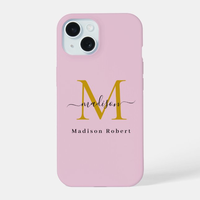 Coque iPhone 15 Élégant Monogramme d'or noir Original Funny Script (Verso)