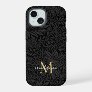 Coque iPhone 15 Élégant Monogramme Floral Noir