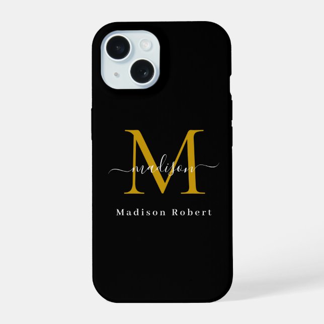Coque iPhone 15 Élégant monogramme initial noir or script drôle (Verso)