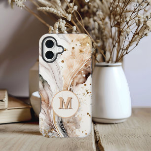 Coque iPhone 15 Élégant Monogramme Marbre Brun Or Design Abstrait