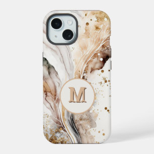 Coque iPhone 15 Élégant Monogramme Marbre Brun Or Design Abstrait