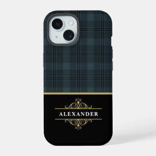 Coque iPhone 15 Élégant monogramme noir or à carreaux gris