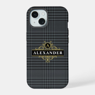Coque iPhone 15 Élégant monogramme noir or carreau Glen plaid