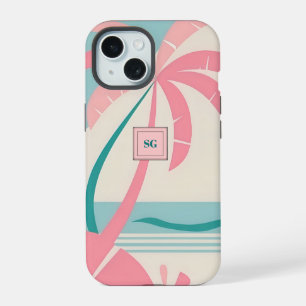 Coque iPhone 15 Élégant monogramme turquoise rose tropical minimal