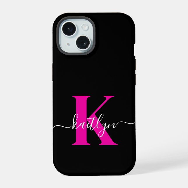 Coque iPhone 15 Élégant Noir Hot Rose Script Monogramme (Verso)