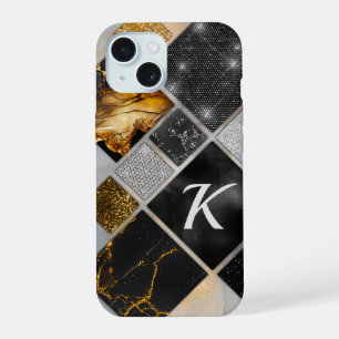 Coque iPhone 15 Elégant noir or argent géométrique