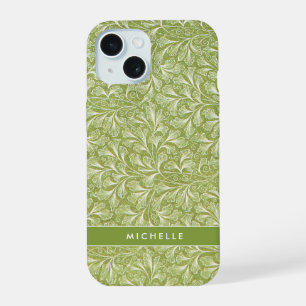 Coque iPhone 15 Élégant Nom Personnalisé Botanique Vert