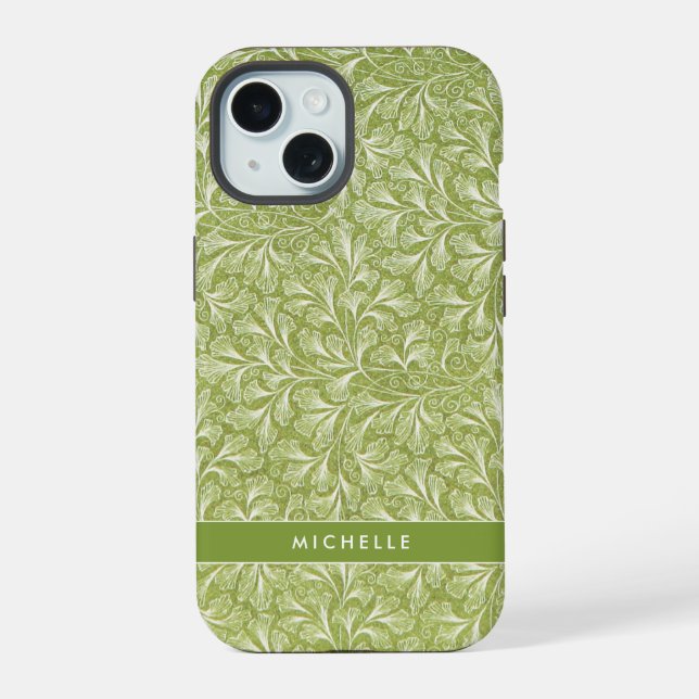 Coque iPhone 15 Élégant nom personnalisé Green Botanical (Verso)
