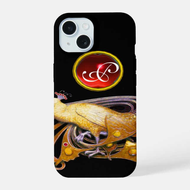 COQUE iPhone 15 ÉLÉGANT PAPIER EN JAUNE, MONOGRAMME DE RUBY (Verso)