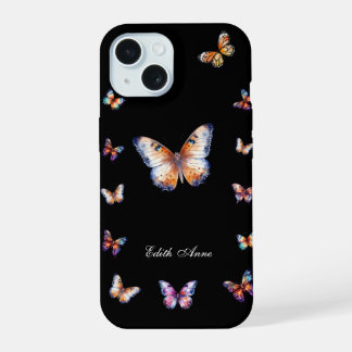 Coque iPhone 15 Élégant Papillons colorés Monogramme personnalisé