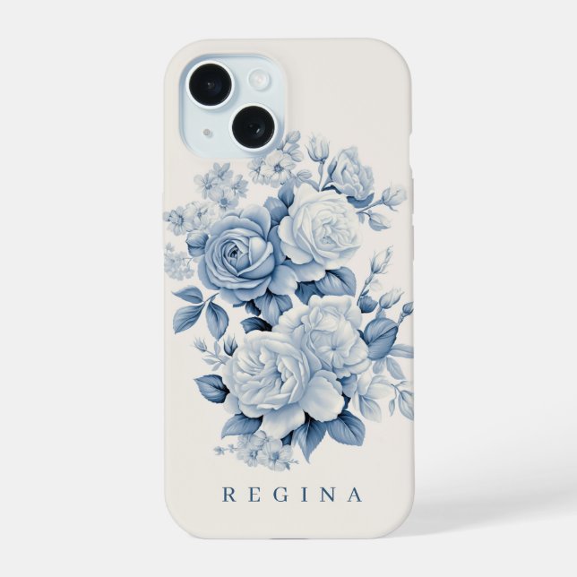Coque iPhone 15 Elégant Pastel Blue Watercolor Roses Personnalisé (Verso)