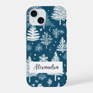 Coque iPhone 15 Élégant Pine Trees avec des flocons de neige en ch