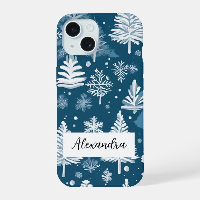 Coque iPhone 15 Élégant Pine Trees avec des flocons de neige en ch (Verso)