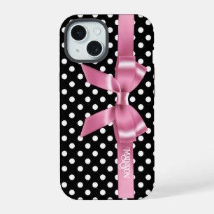 Coque iPhone 15 élégant pois noir blanc noeud rose