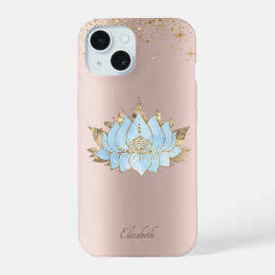Coque iPhone 15 Élégante Fleur de Lotus Bleue Classeuse en Or Rose