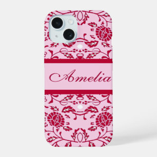 Coque iPhone 15 Elégante Fleur rose et rouge Damas