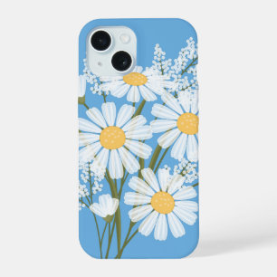 Coque iPhone 15 Elégante marguerite florale blanche sur bleu