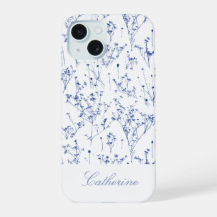 Coque iPhone 15 Élégantes fleurs sauvages bleues royales modernes