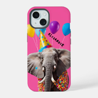 Coque iPhone 15 Elephant de fête avec ballons, Design festif