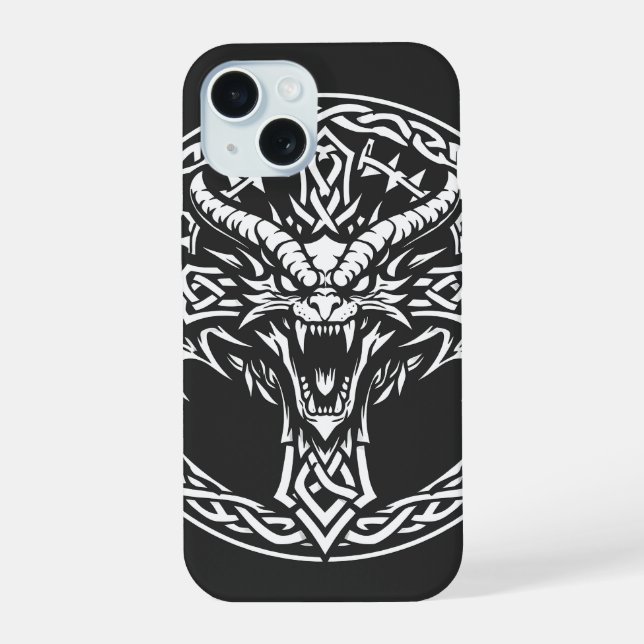 Coque iPhone 15 Emblème du dragon celtique par BurnsInHell (Verso)
