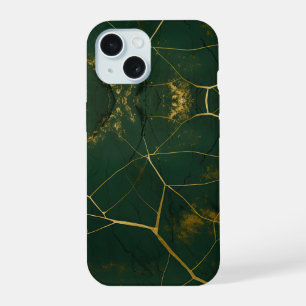 Coque iPhone 15 Emerald Green Marble Gold Parties scintillant