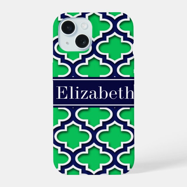 Coque iPhone 15 Emerald Navy Marocain #5DS Navy Nom Monogramme (Verso)