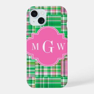 Coque iPhone 15 Émeraude Rose Chaud Prépa Patchwork Madras Monogra