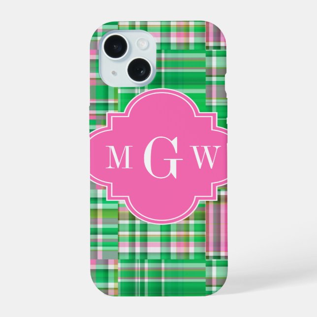 Coque iPhone 15 Émeraude Rose Chaud Prépa Patchwork Madras Monogra (Verso)