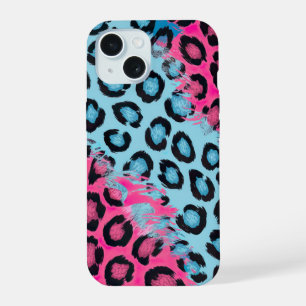 Coque iPhone 15 Empreinte de léopard dynamique en rose et bleu