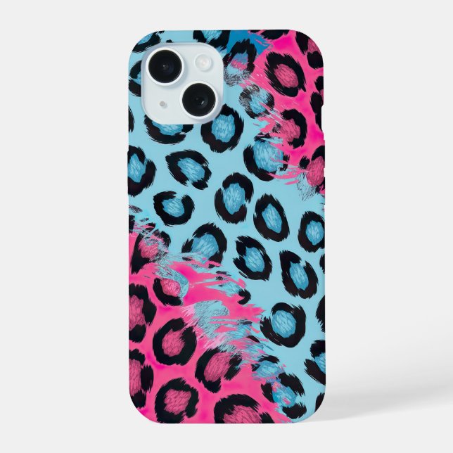 Coque iPhone 15 Empreinte de léopard dynamique en rose et bleu (Verso)